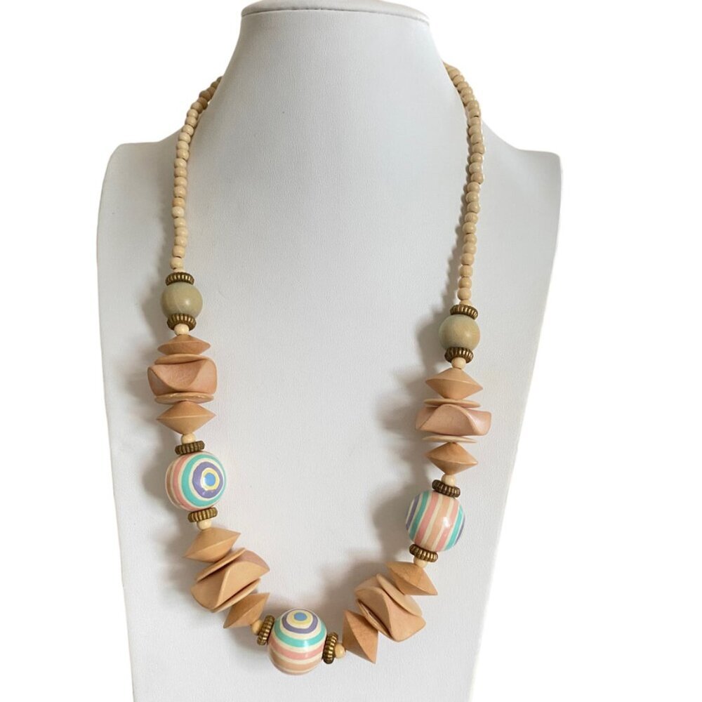 Vintage 80s Wooden Chunky Necklace Colorful Rainbow Pastel Retro Beaded WHIMSICA